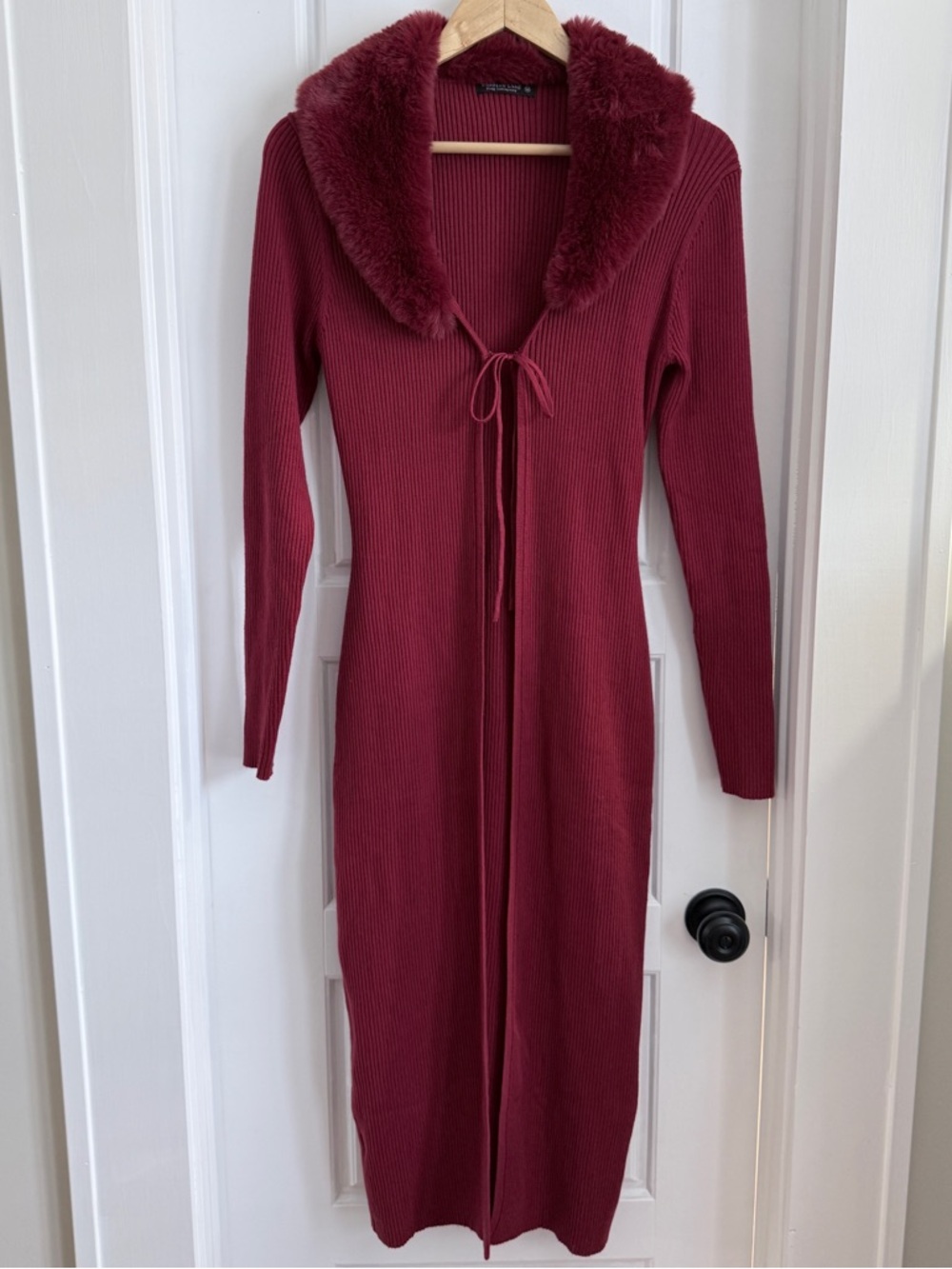Emerson Lang Midi Length Red Fur Trimmed Cardigan Medium